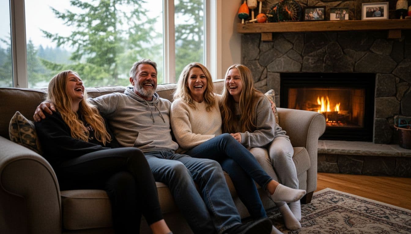 Sig Hansen relaxes in a cozy Seattle-area living room with his wife and two daughters, laughing together under warm fireplace lighting amid fishing memorabilia.