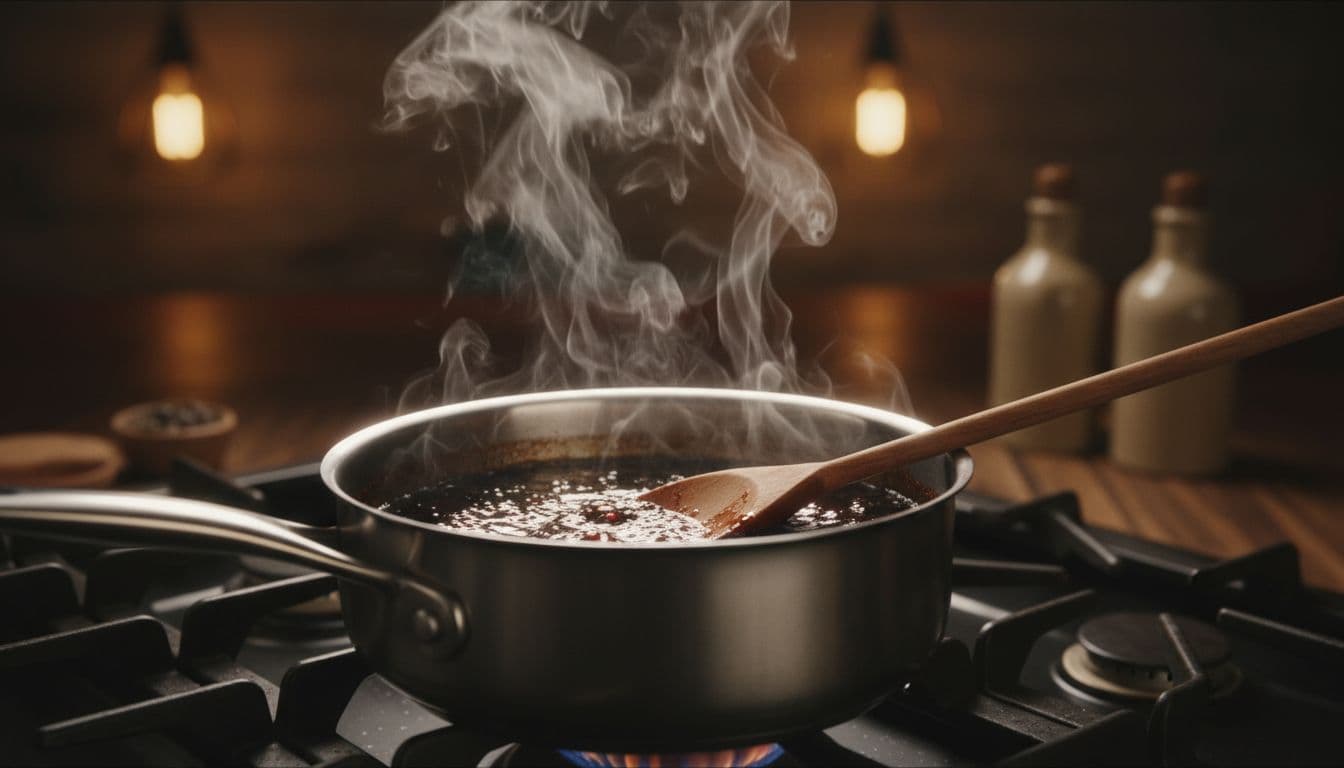 Dark balsamic vinegar simmers in a small saucepan with a wooden spoon resting on the edge.