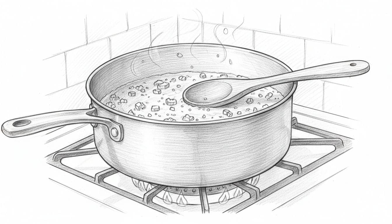 Close-up hand-drawn sketch of a medium saucepan on gas stovetop simmering thin meaty coney sauce with onion and celery bits, wooden spoon resting across rim, faint steam rising, subtle tile backsplash.