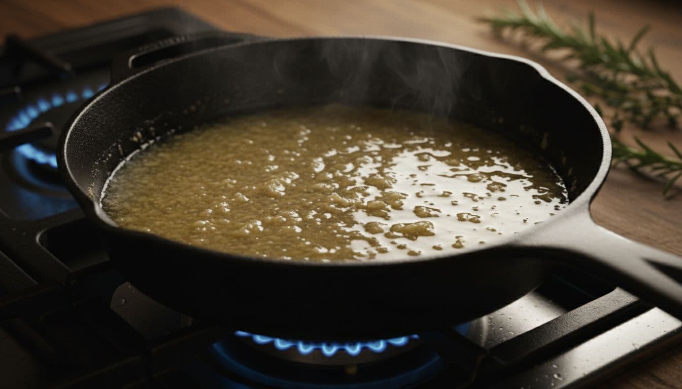 Close-up of garlic butter sauce simmering gently in a cast iron skillet on a gas stove, featuring golden melted butter with minced garlic flecks and rising bubbles, steam wafting up on a rustic wooden counter with herb sprigs.