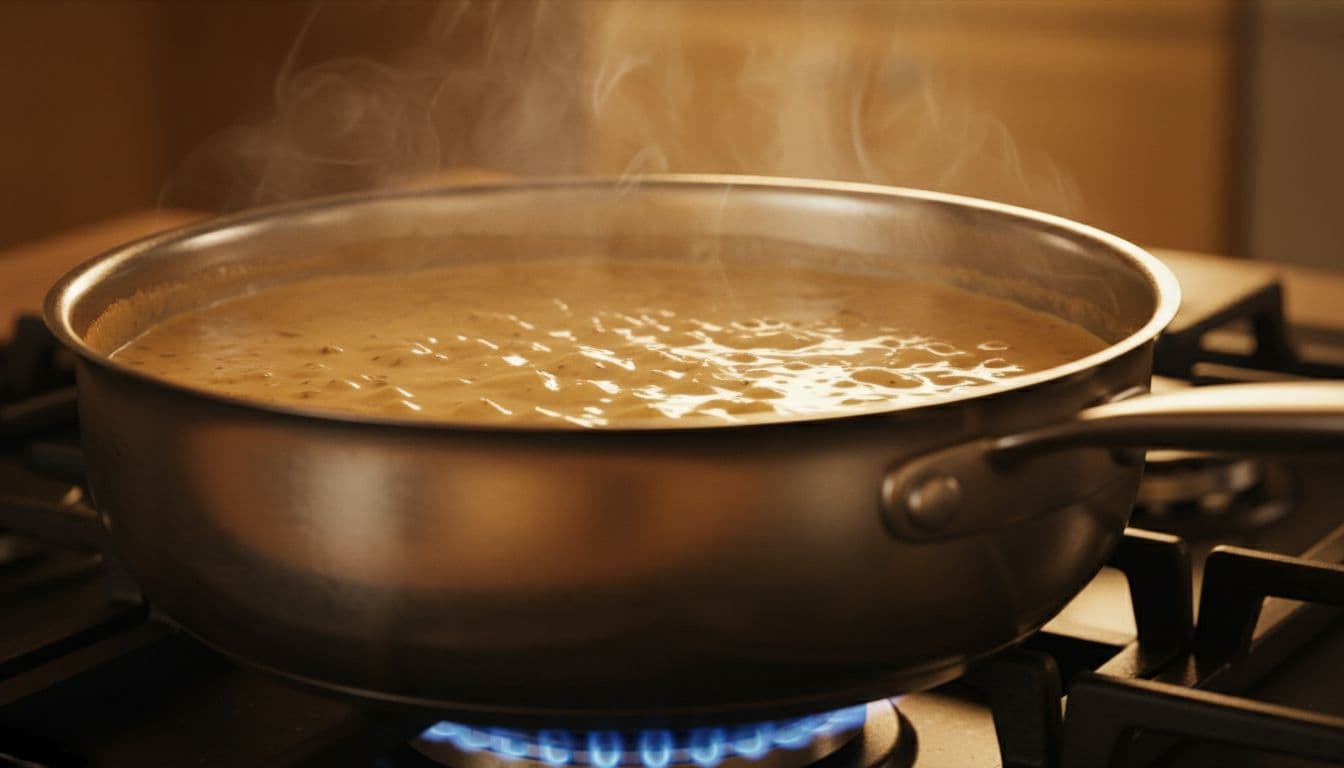 Creamy garlic parmesan sauce simmers in stainless steel saucepan on gas stovetop with golden bubbles and rising steam.