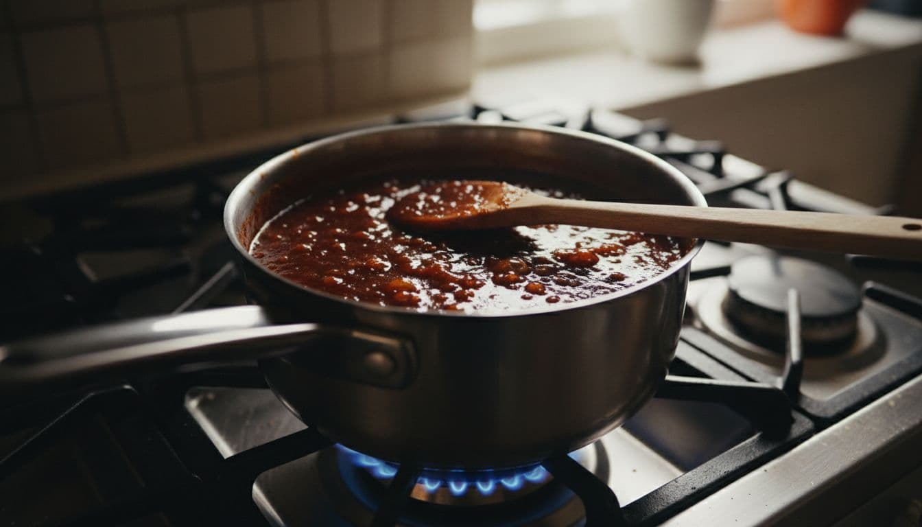 Small saucepan filled with thick homemade Arby's sauce simmering gently on a gas stove in a home kitchen, with small bubbles on the surface and a wooden spoon resting on the rim.