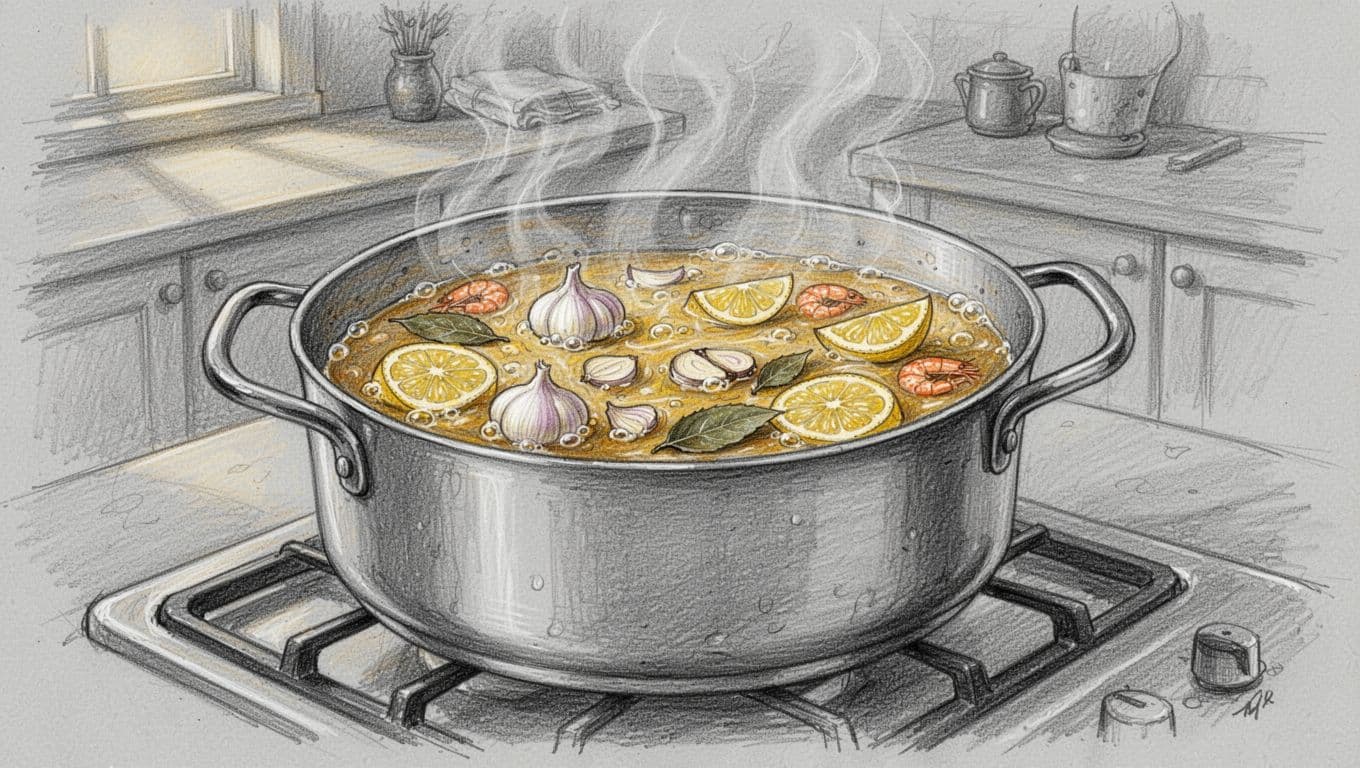 Hand-drawn graphite sketch of a large pot on a home stove simmering golden butter-based seafood boil sauce with visible garlic slices, lemon wedges, bay leaves, bubbles, and steam in a cozy kitchen side view.
