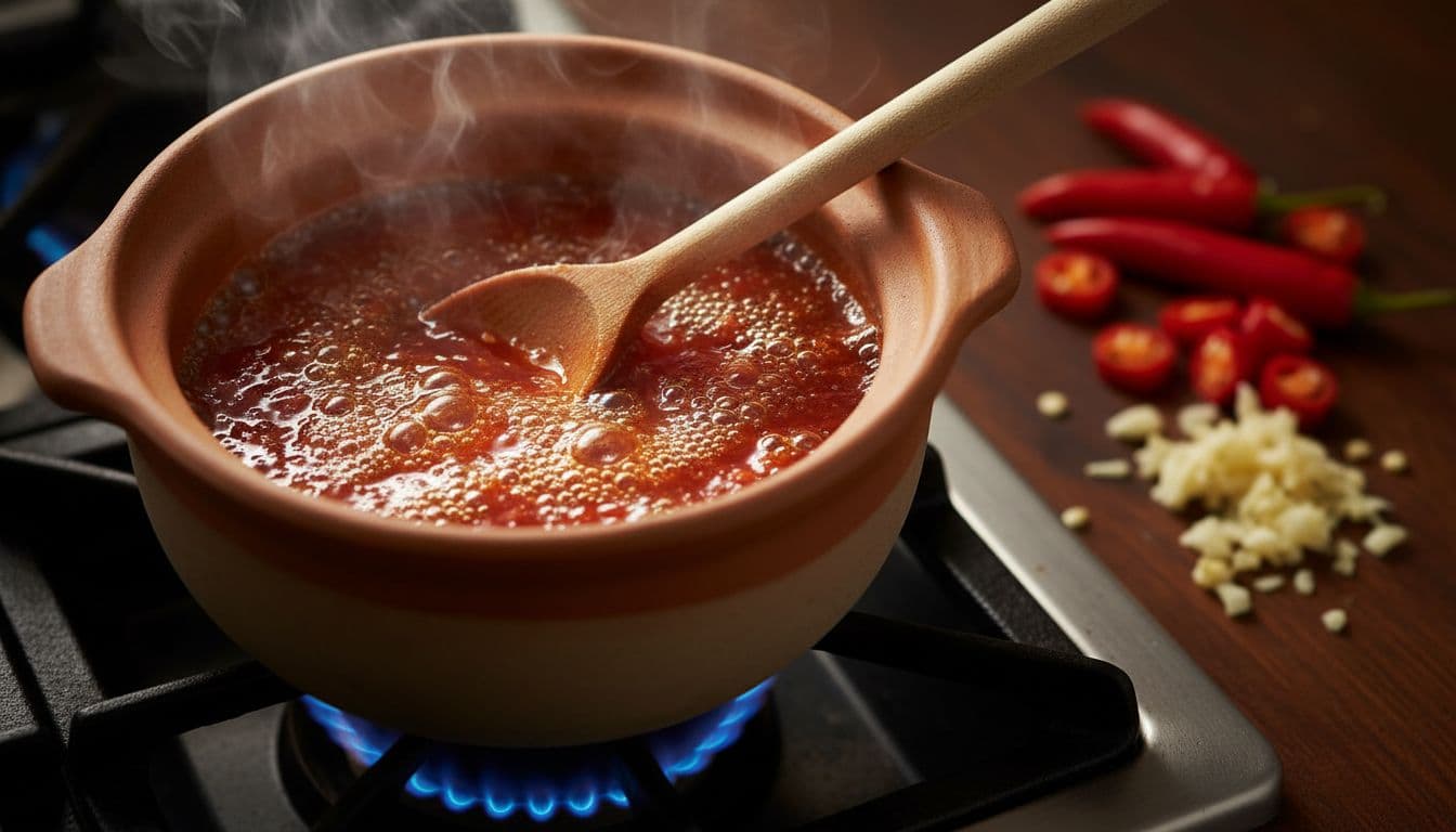 Small pot of thick red sauce bubbles gently on gas burner, wooden spoon inside, chopped chilies and garlic nearby.