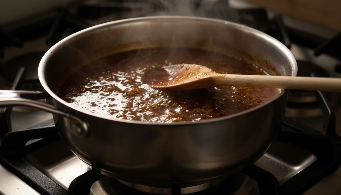 Glossy teriyaki sauce simmers in stainless steel saucepan on gas stove with rising bubbles and resting wooden spoon.