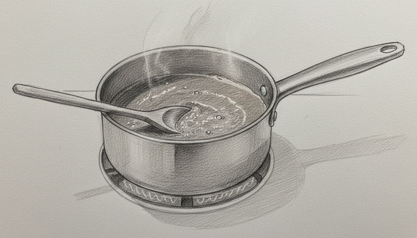 Hand-drawn grayscale sketch of a saucepan on stovetop filled with simmering tomato pizza sauce, wooden spoon resting inside, faint steam rising. Simple kitchen stove setting, side angle composition, clean light gray background.