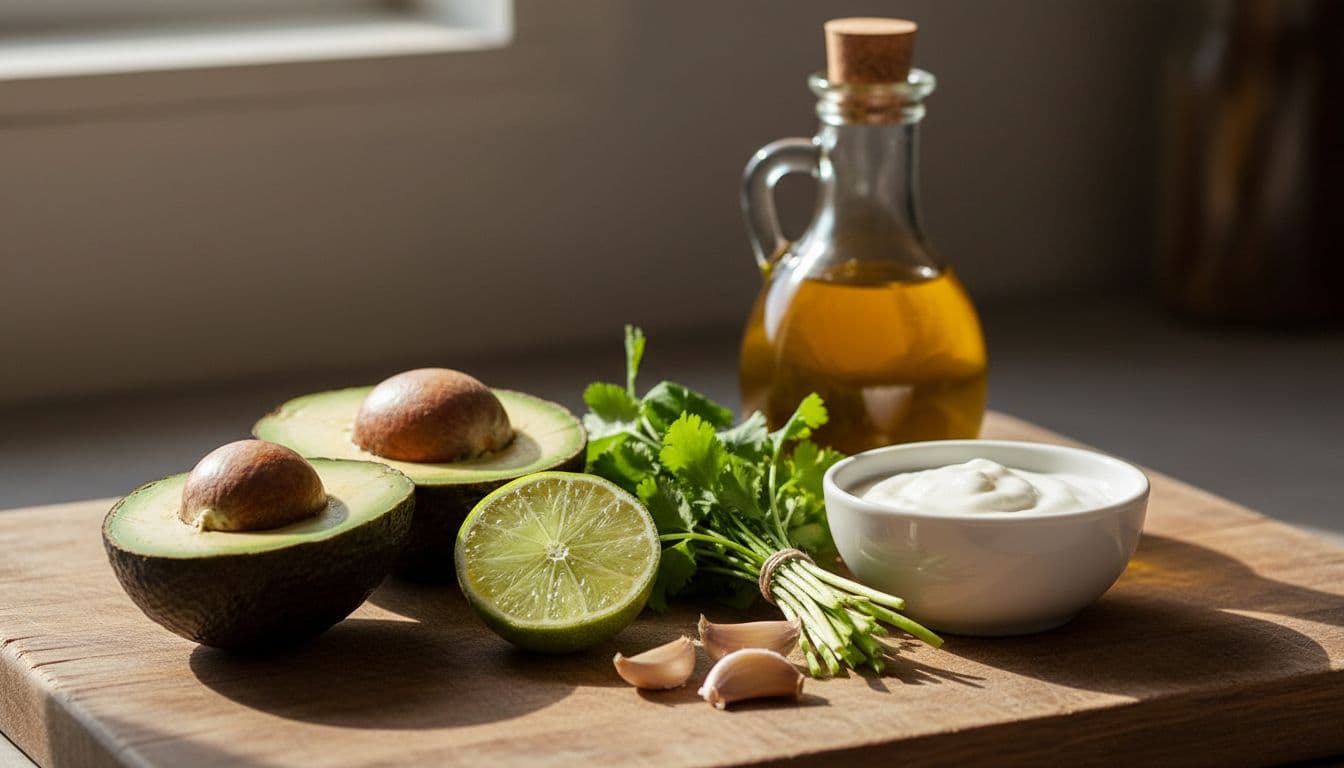 Sliced ripe avocados, halved lime, cilantro, garlic cloves, yogurt bowl, and olive oil on rustic wooden cutting board.