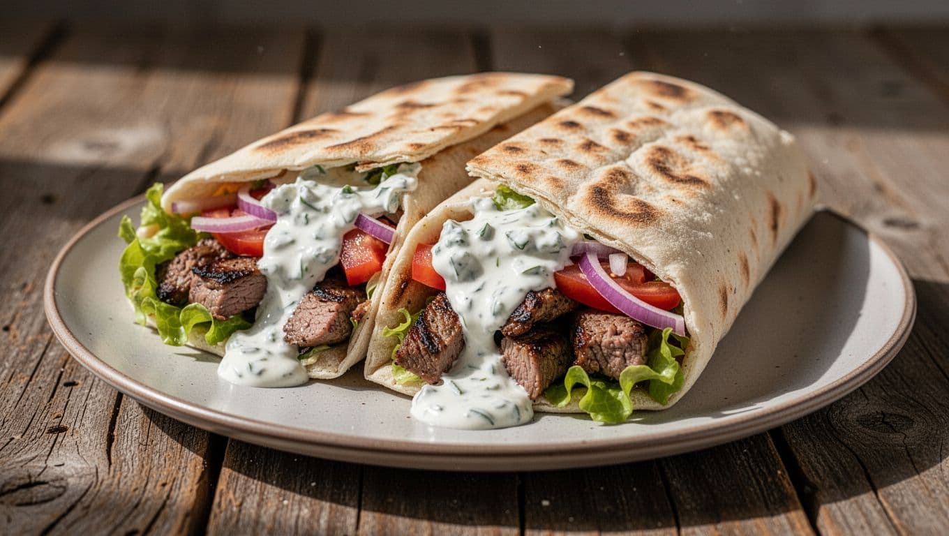 Sliced pita gyro wrap on plate with tzatziki sauce dripping, filled with grilled meat, tomatoes, onions, lettuce on wooden table.