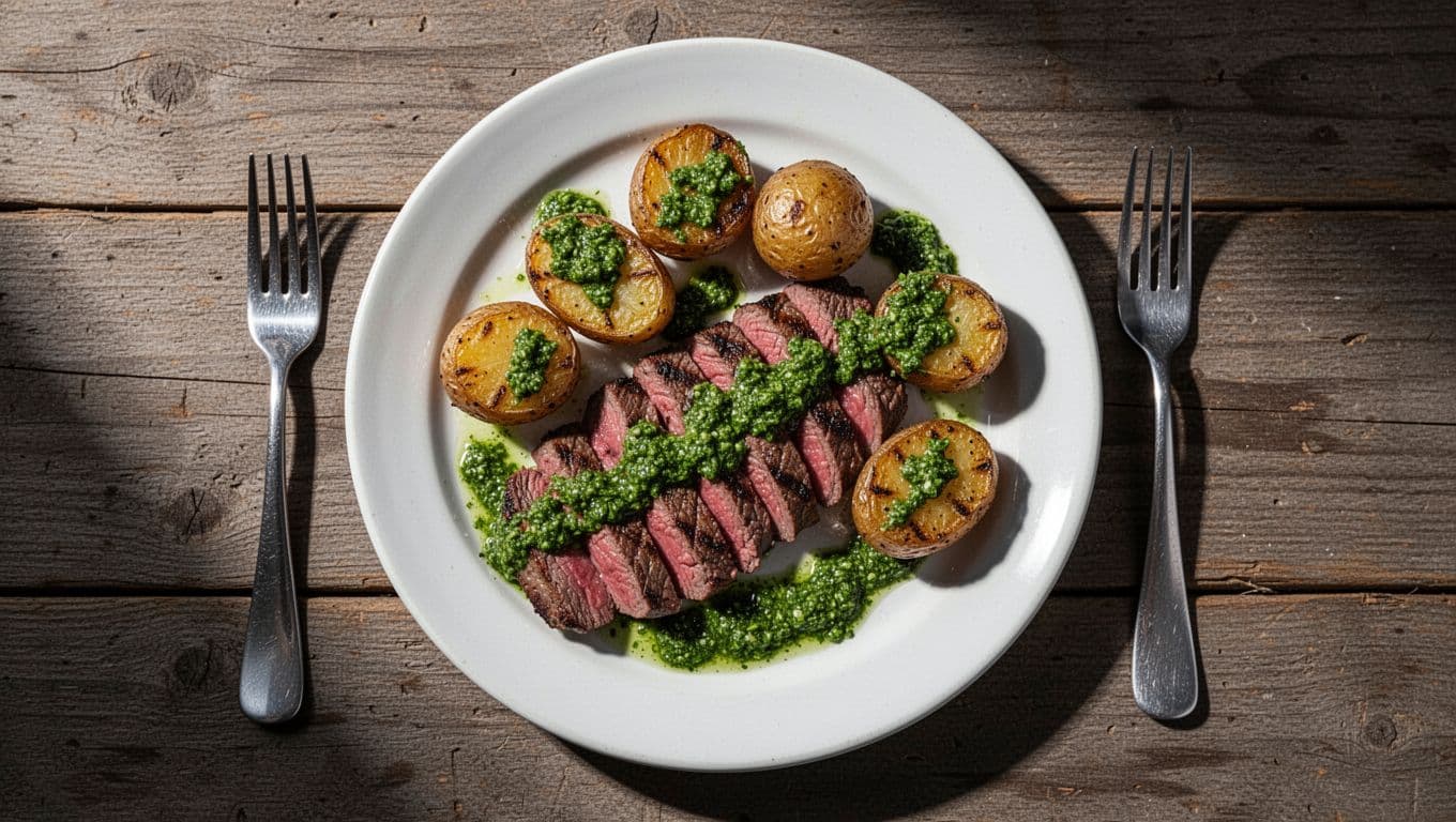 Sliced grilled steak and roasted golden potatoes on a white plate topped with green chimichurri sauce. Fork nearby on rustic wooden table.