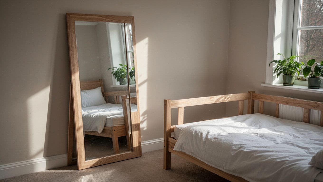 Compact serene small bedroom with tall full-length mirror propped against wall opposite light wood bed frame, reflecting soft window light to visually double the space. Pale walls, crisp white bedding, few plants on sill, cinematic style with strong contrast and dramatic natural side lighting, neutral palette.