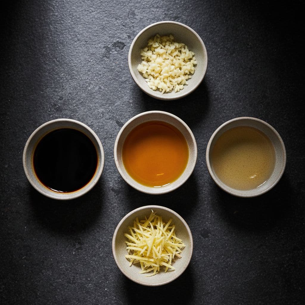 Small bowls contain sesame oil, soy sauce, rice vinegar, grated ginger, and minced garlic on a dark countertop.