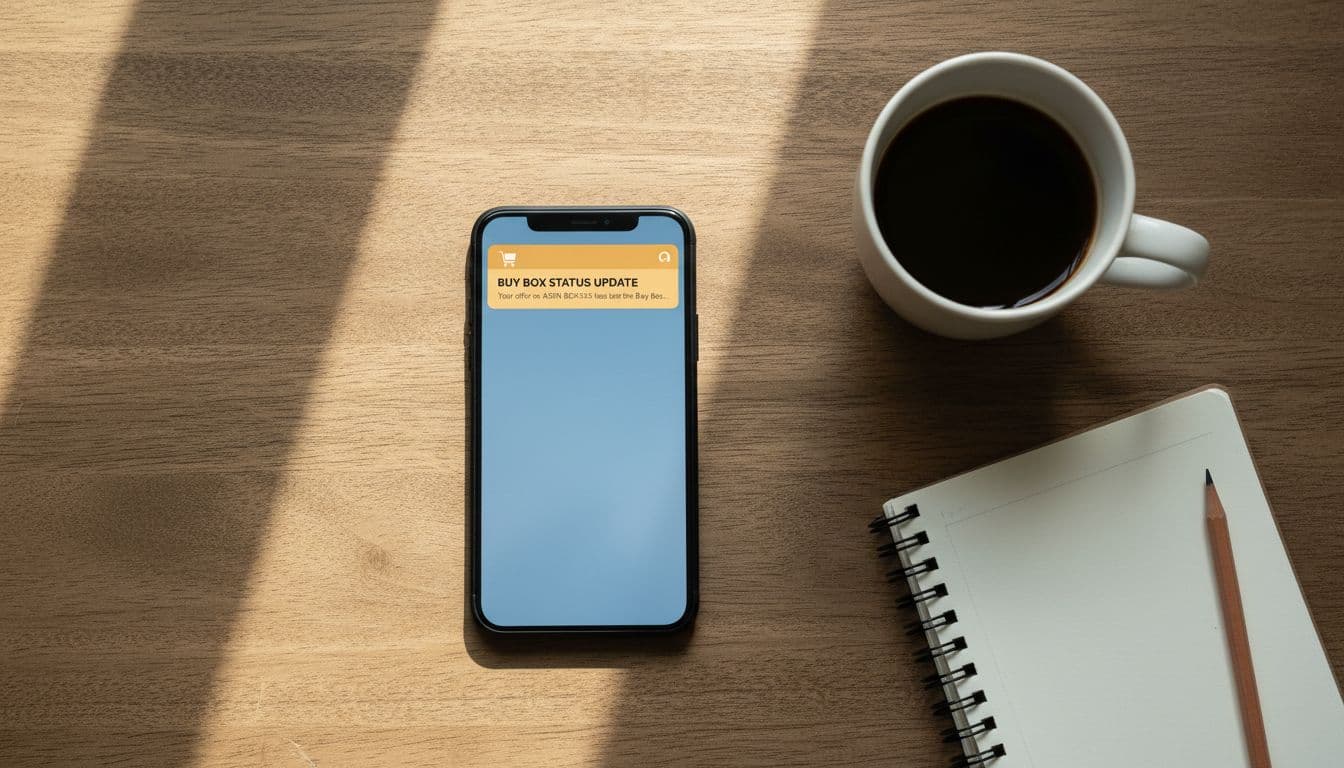 Smartphone on wooden desk next to coffee mug and notebook, screen showing generic Amazon Buy Box notification.