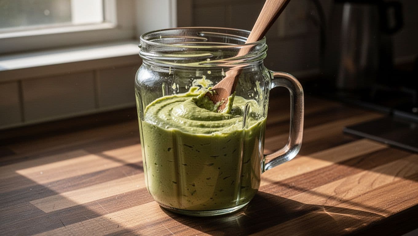 Smooth green avocado crema in clear glass blender jar on kitchen counter, wooden spoon inside showing thick texture.