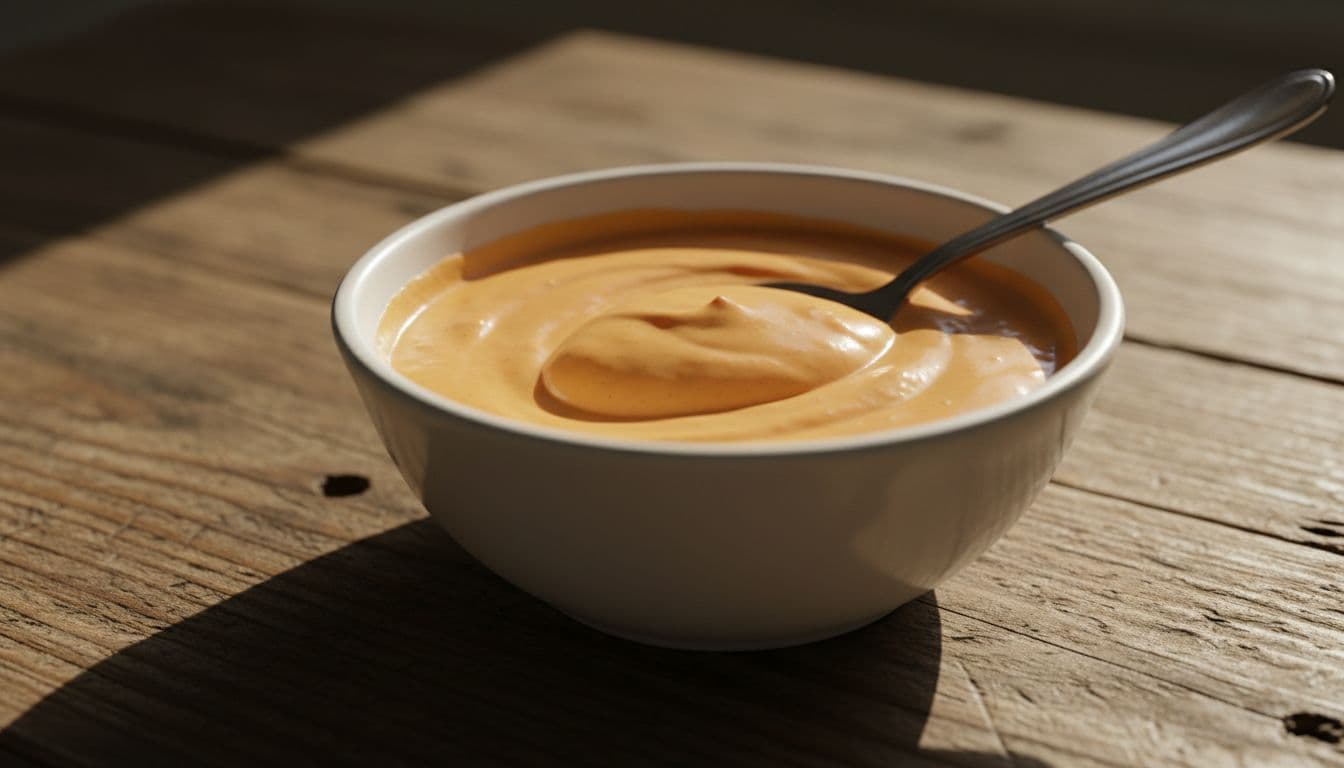 Smooth creamy orange Zax sauce in a white ceramic bowl on a rustic wooden table, silver spoon dipped showing thick texture. Close-up side angle with warm cinematic lighting and strong contrast.