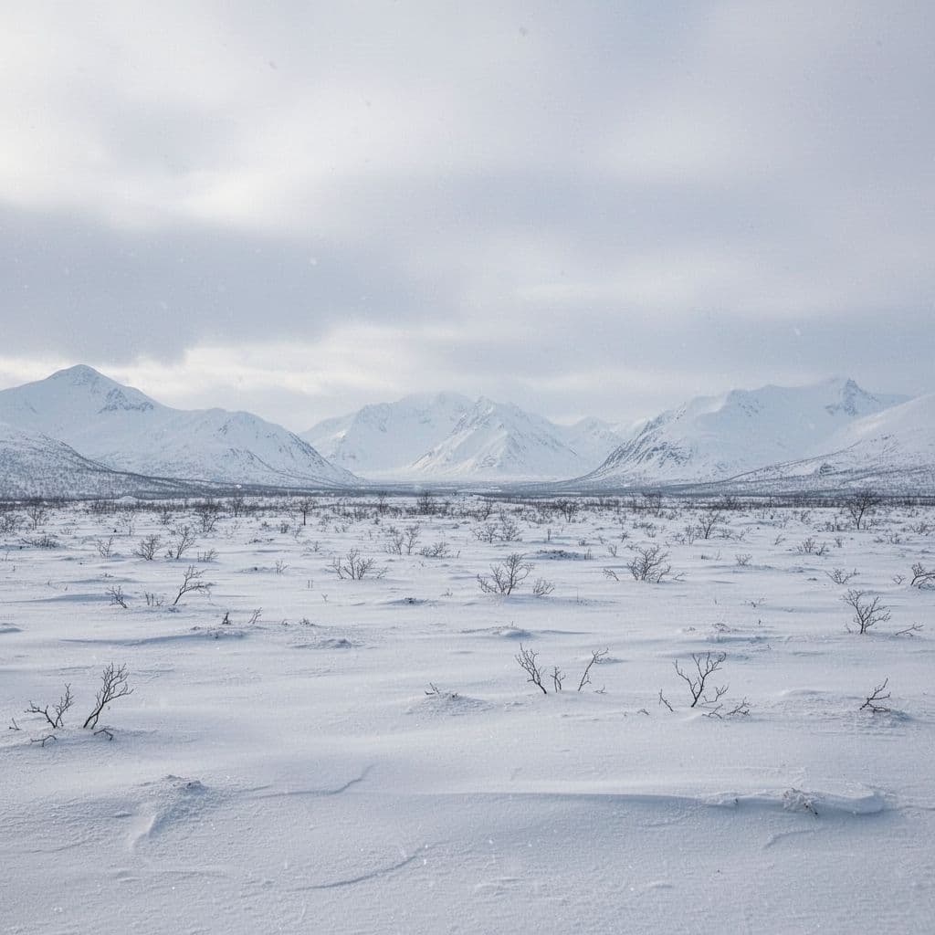 A vast snowy Alaskan plain stretches toward distant, mist-covered mountains under a heavy overcast sky.