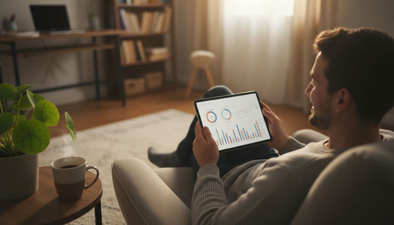 A solo Amazon seller in a cozy home office reviews PPC performance on a tablet with blurred charts on the screen, relaxed pose, plant and coffee nearby, warm indoor lighting, photorealistic style.