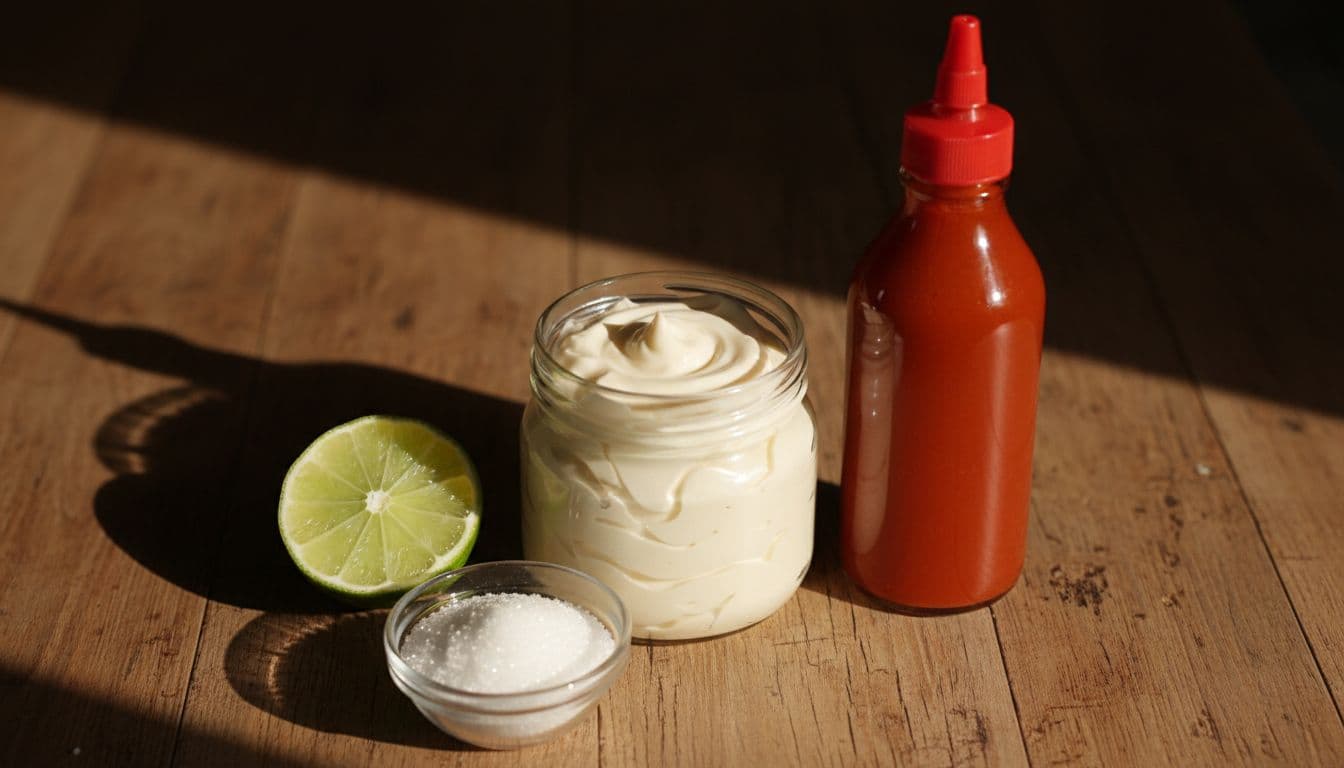 Open mayo jar, sriracha bottle, lime half, and sugar bowl on rustic wooden counter.