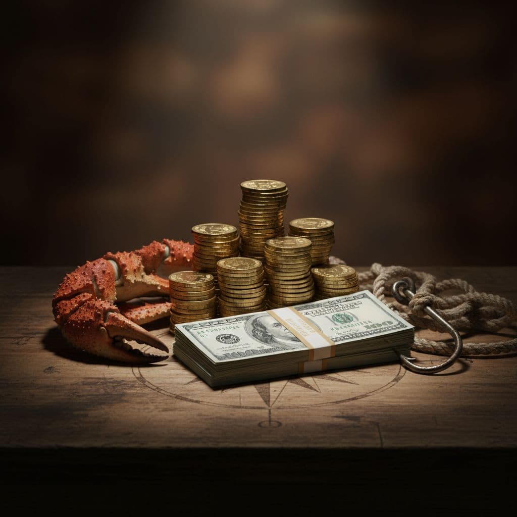 Stack of gold coins and US dollar bills on wooden captain table next to crab claw and fishing hook props under soft spotlight with dramatic shadows, realistic still life.