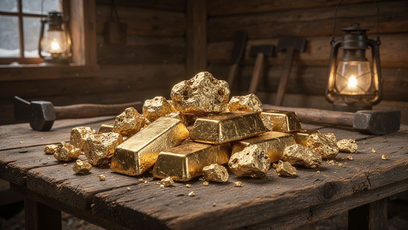 Stack of shiny gold nuggets and bars on a wooden table in a rustic mining camp cabin, with mining tools in soft focus background, close-up emphasizing gold rush wealth under warm lantern lighting.
