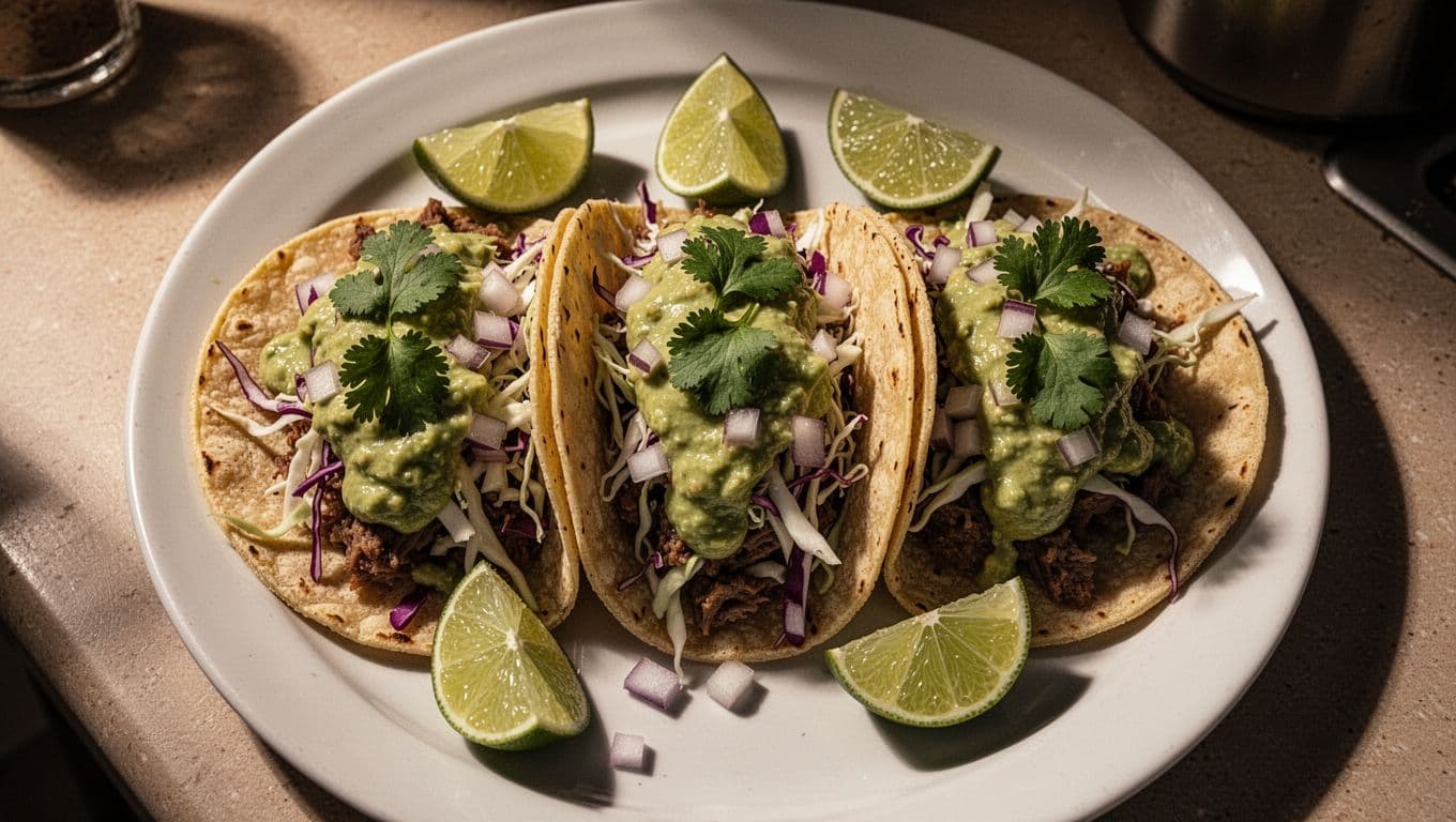 Three street-style tacos on white plate topped with green avocado crema, cabbage, onions, cilantro, and lime wedges.
