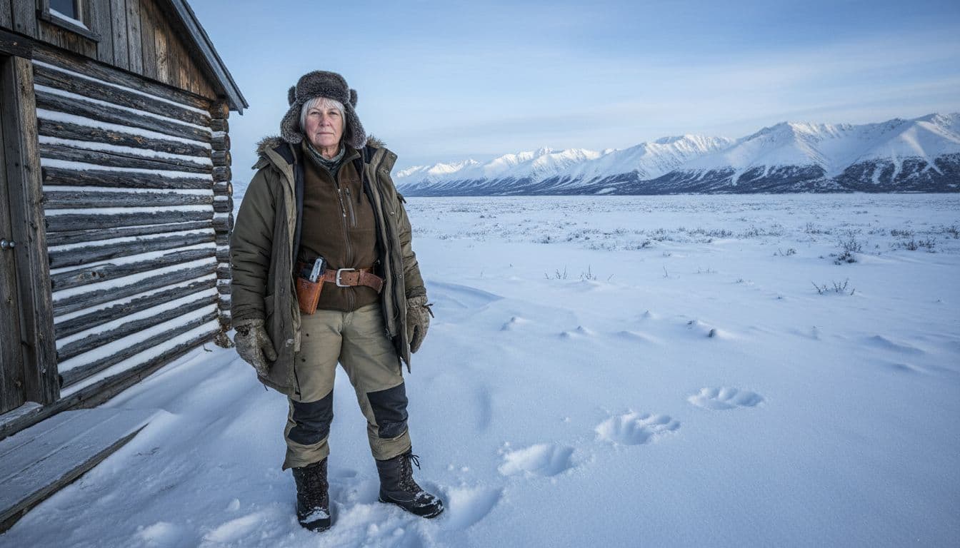 Rugged 62-year-old Sue Aikens with short gray hair stands confidently outside a weathered wooden cabin in remote snowy Alaska tundra, grizzly bear paw prints nearby amid vast landscape with distant mountains.