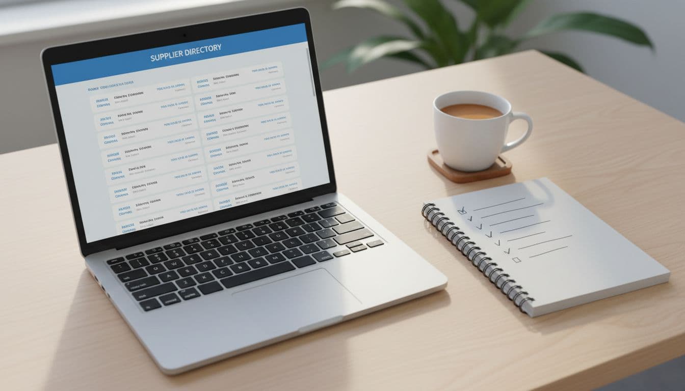 Top-down view of a modern office desk with a laptop open to a supplier directory website, notebook checklist, and coffee mug under clean natural lighting.