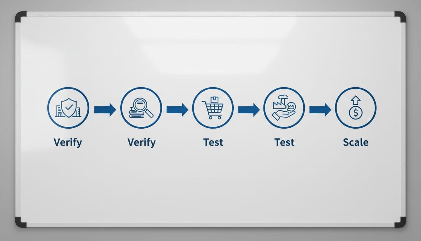 Step-by-step infographic flowchart on a whiteboard background showing five icons for verify company, check references, test order, quality check, and profitability calculation, connected by arrows with minimal labels Verify, Test, Scale.