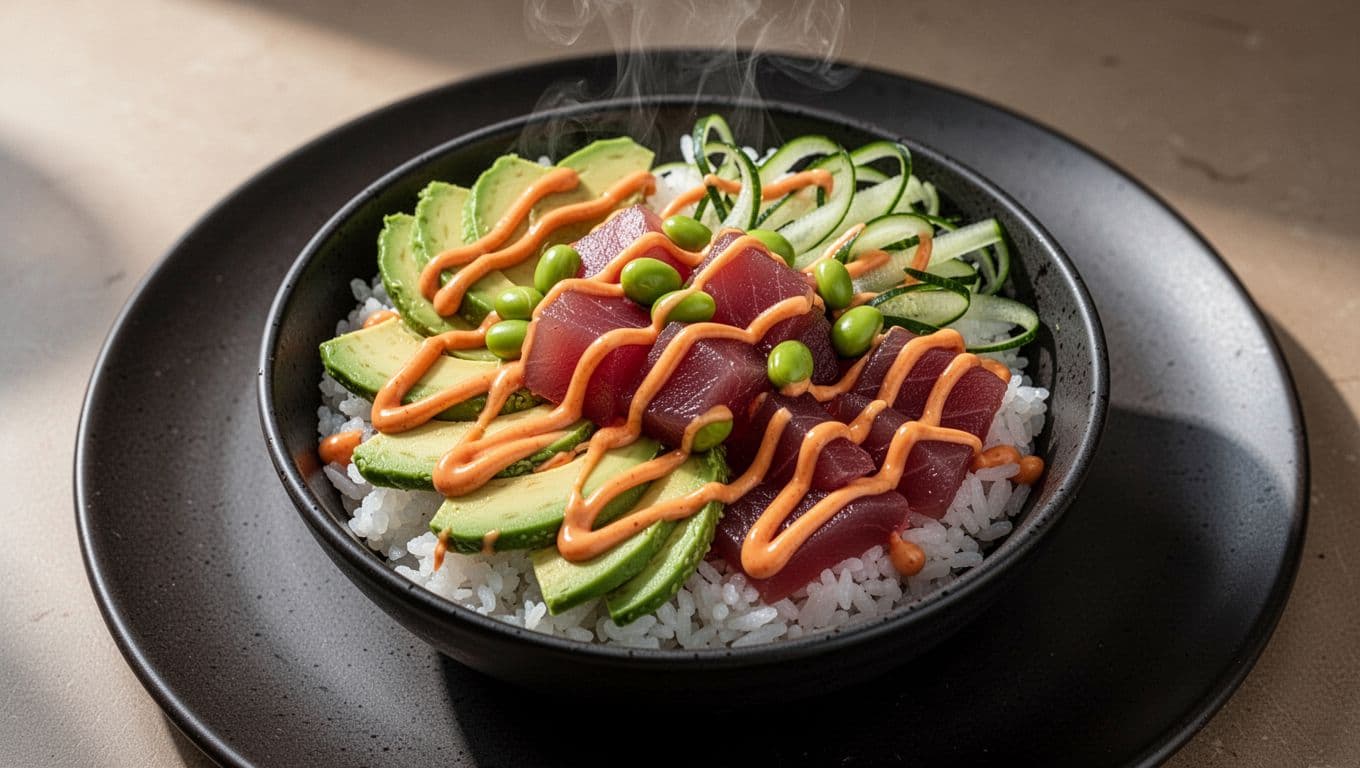 Overhead view of sushi bowl on dark plate with rice, avocado slices, tuna chunks, cucumber, edamame, and orange-red sriracha mayo drizzle.