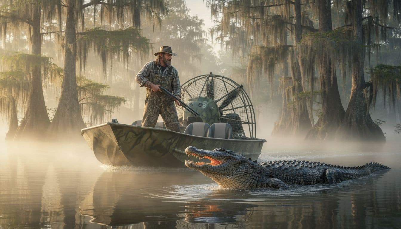 Troy Landry-like alligator hunter stands on airboat with shotgun in misty Louisiana bayou at dawn, giant alligator nearby in water, dynamic realistic action scene.