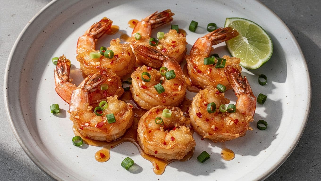 Golden fried shrimp in glossy sweet chili sauce on white plate with lime wedge and green onions.