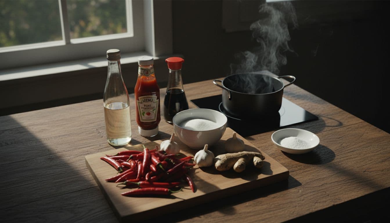 Red chilies, garlic, ginger, rice vinegar, sugar, ketchup, soy sauce, and cornstarch arranged on wooden counter with steam from nearby pot.