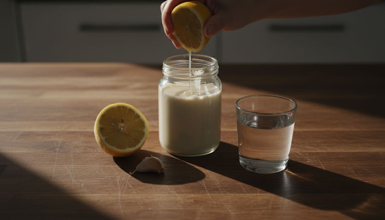 A hand squeezes fresh lemon juice over a minimalist arrangement of tahini, garlic, and water.