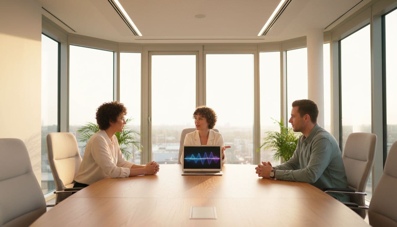 A modern conference room features three professionals seated around a table, with one speaking and a laptop displaying subtle real-time AI transcription waves, illuminated by natural daylight and warm lighting.