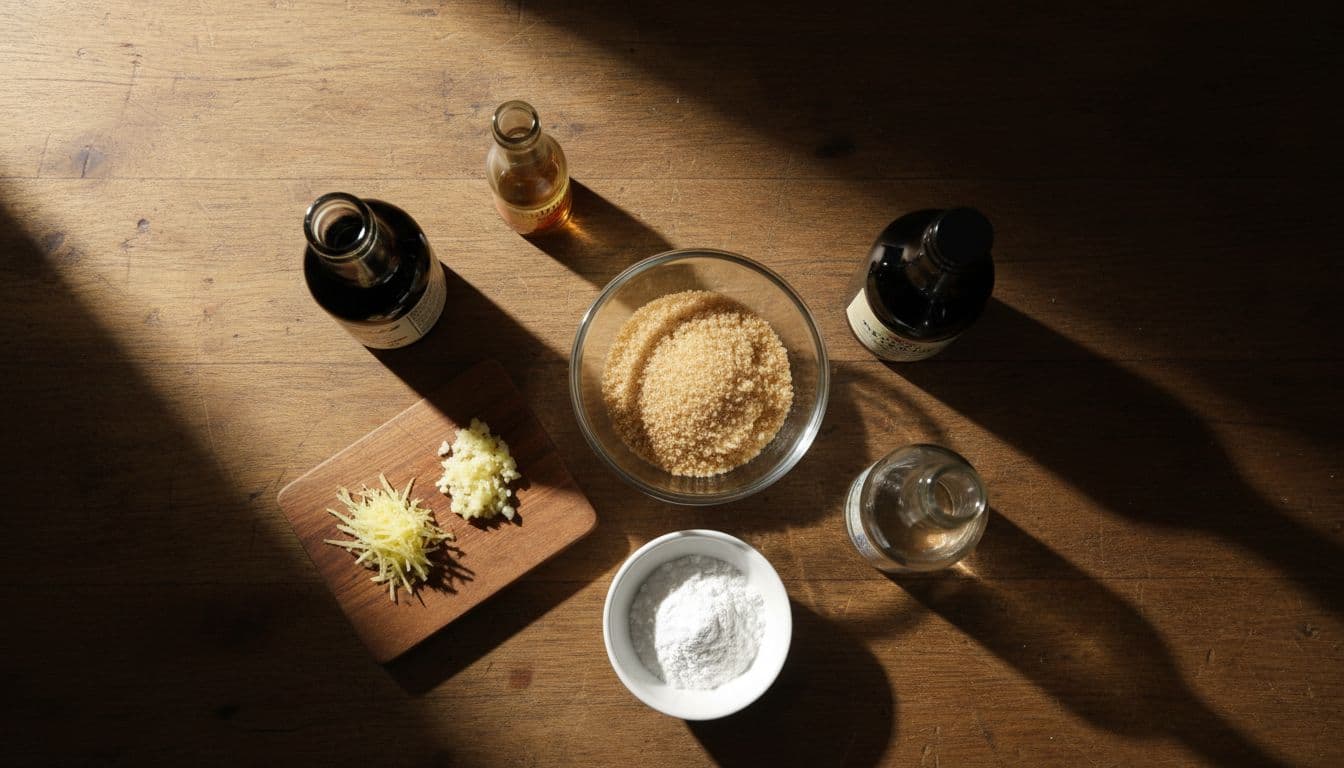 Brown sugar bowl, soy sauce, mirin, grated ginger, minced garlic, cornstarch dish, sesame oil, and rice vinegar arranged on rustic wooden counter.