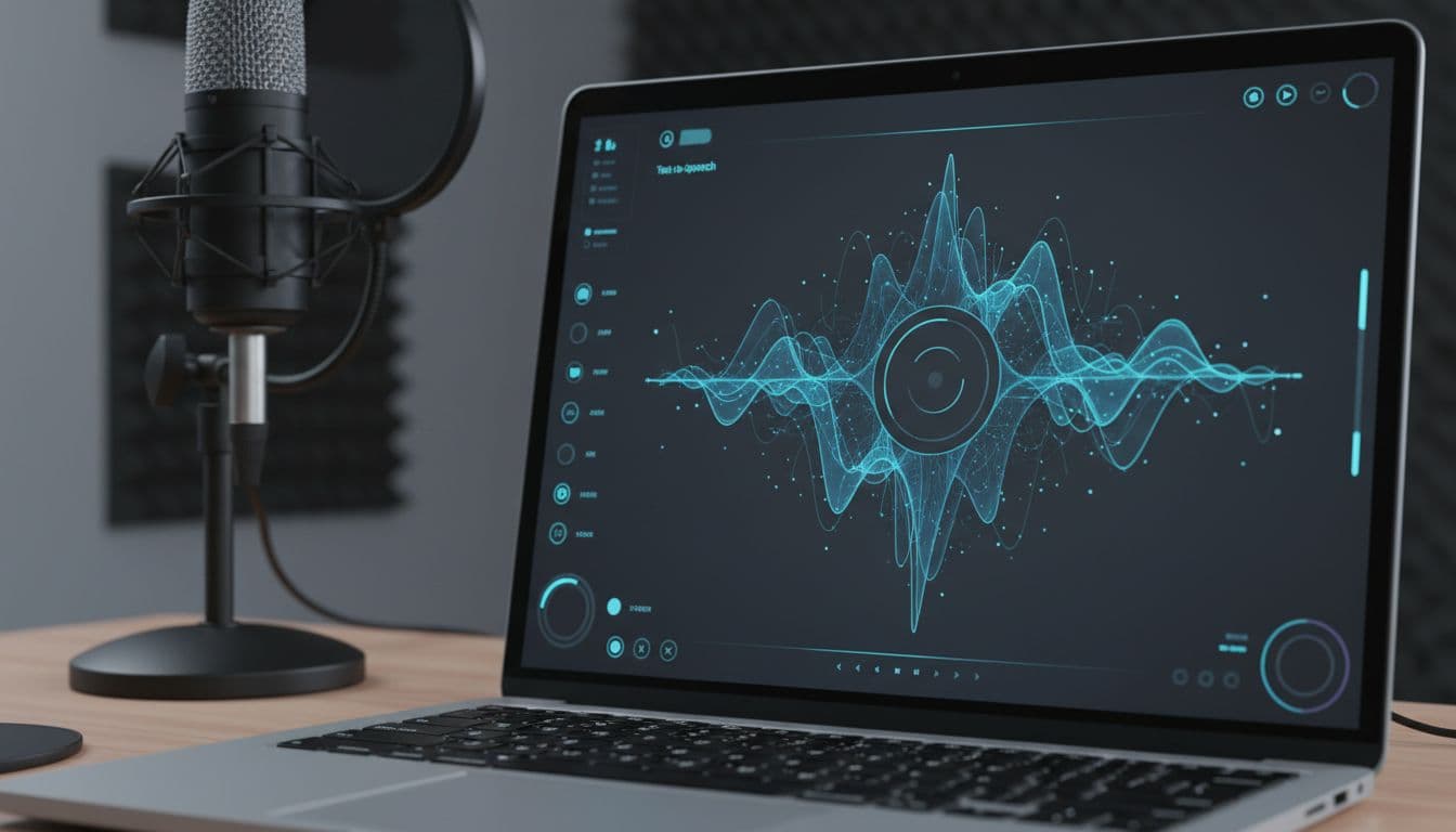 Audio waveform emerging from text input on a sleek laptop screen with modern dark mode UI, microphone nearby in professional studio setting.