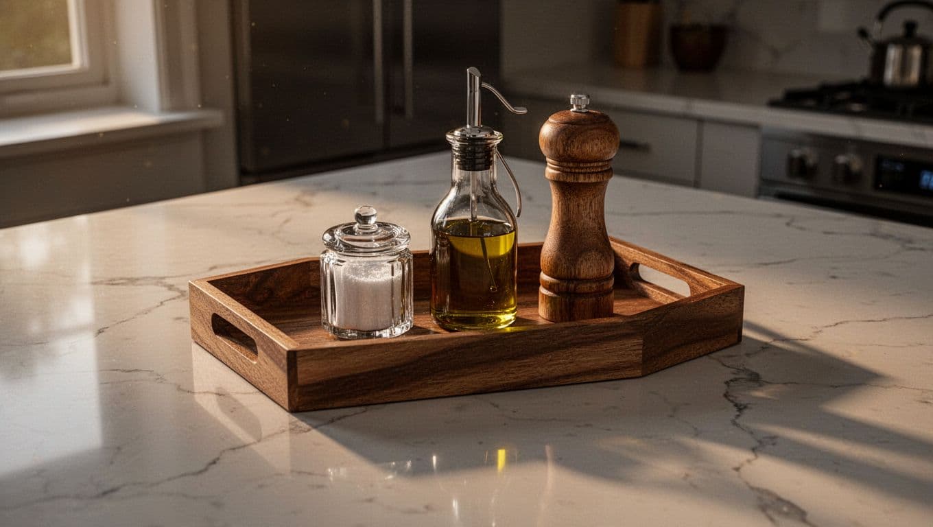 Wooden tray on quartz kitchen counter holds glass salt cellar, olive oil dispenser, and wooden pepper grinder.