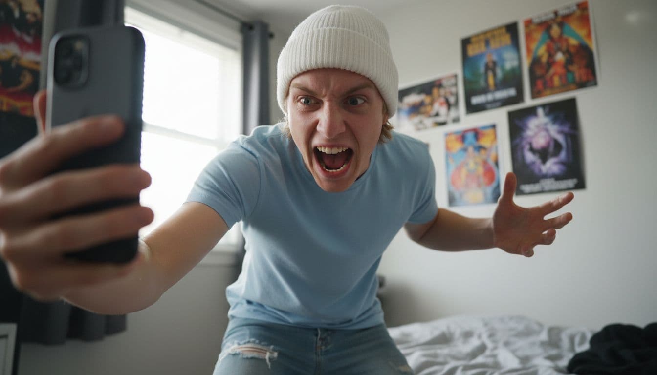 Dynamic action shot of a young blonde man in white beanie energetically ranting into smartphone camera with exaggerated frustrated expression, casual t-shirt and jeans in simple bedroom with posters.