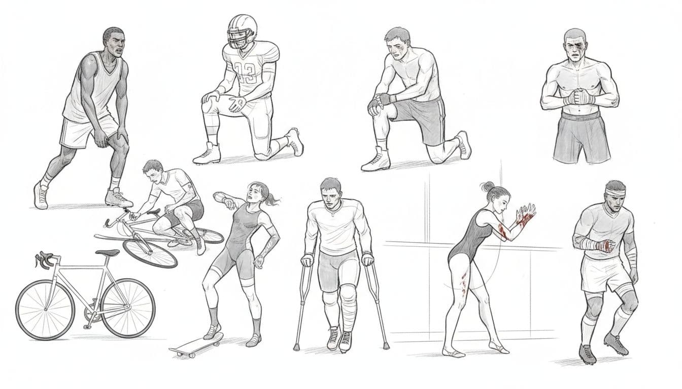 Dynamic hand-drawn graphite sketch of 10 athletes from high-risk sports like basketball, football, and cycling, each in action poses showing common injuries such as sprained ankles and knee issues, arranged in a loose top 10 list on a clean white background.