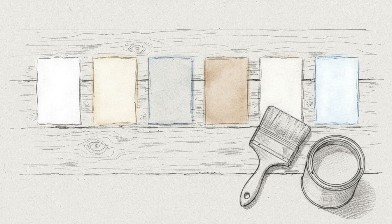 Hand-drawn graphite sketch of five rectangular white paint swatches lined up on a wooden surface, showcasing subtle undertone variations: pure white, warm creamy, cool grayish, beige-tinged, and bright snow-like, with a paintbrush and can nearby.