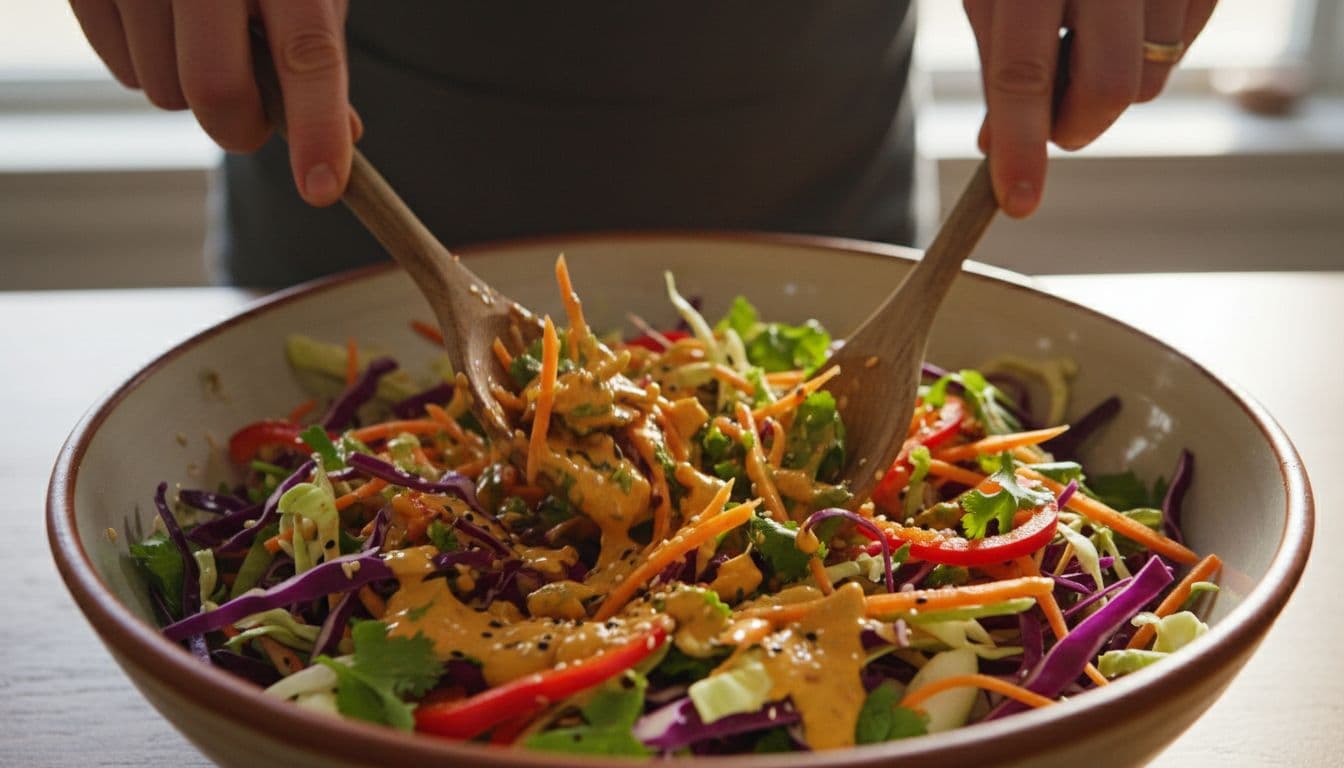 Hands toss colorful vegetable slaw with dressing in a ceramic bowl.
