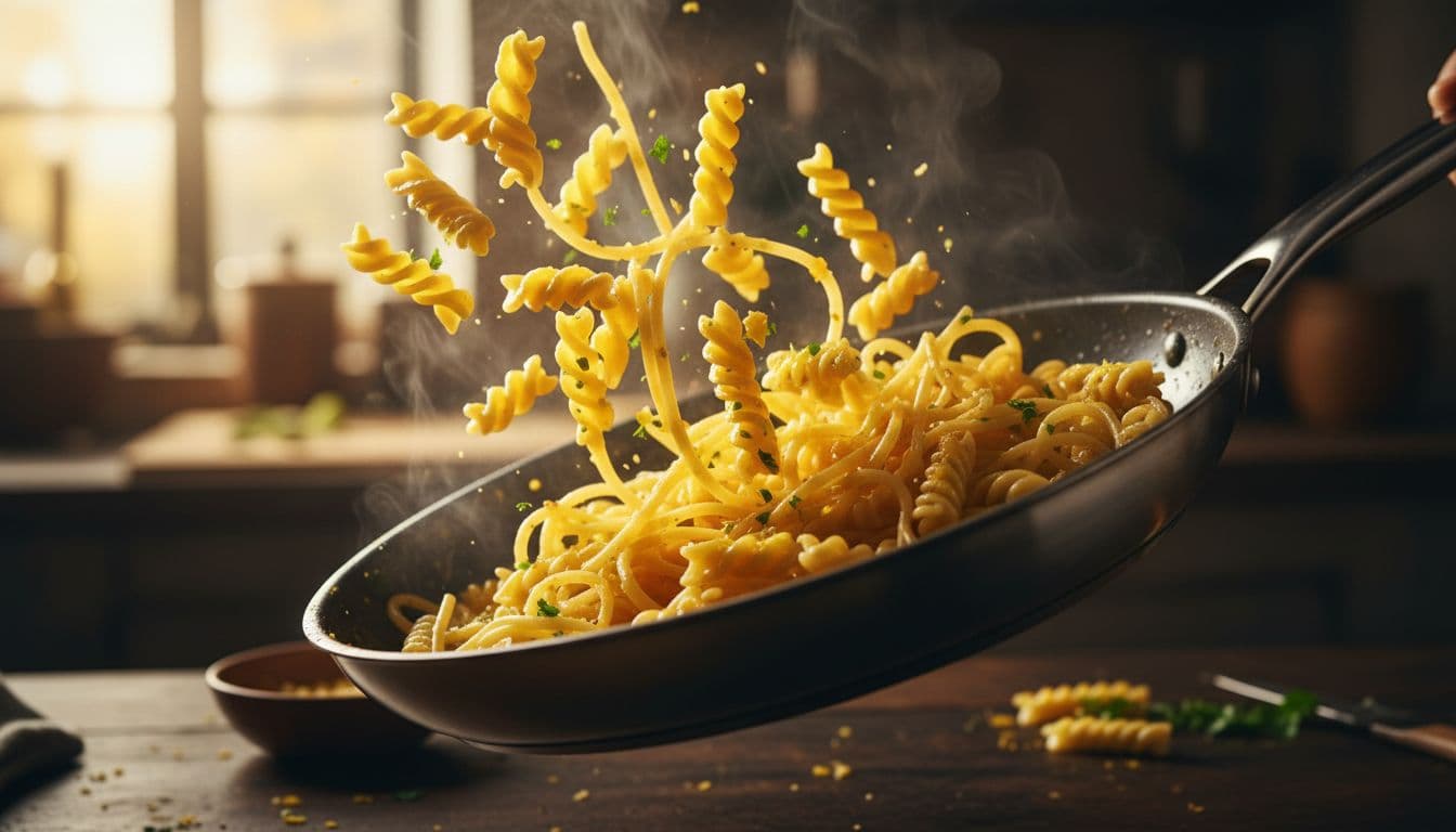Close-up view of cooked pasta coated in a creamy, glossy lemon butter sauce within a pan.