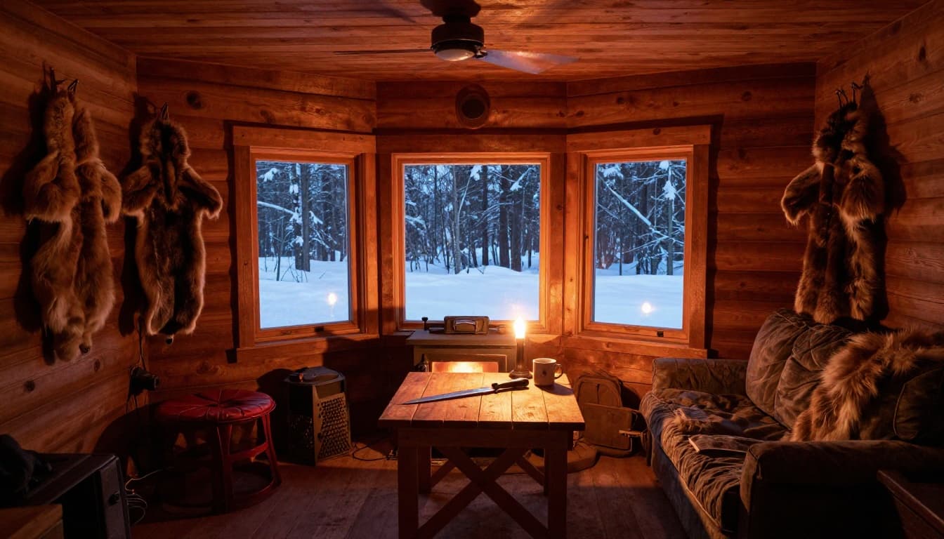 Glowing wood stove lights hanging fur pelts and table with knife, mug; warm glow contrasts snowy window.