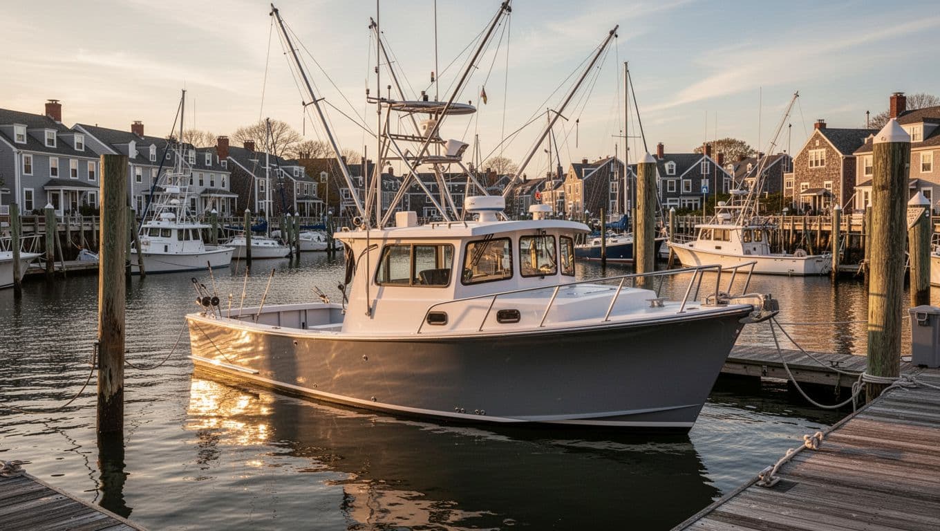 Modern fishing boat Pinwheel docked at Gloucester Massachusetts marina in evening golden hour light, with visible hull details and equipment in a serene realistic photo style, no people, text, logos or watermarks.