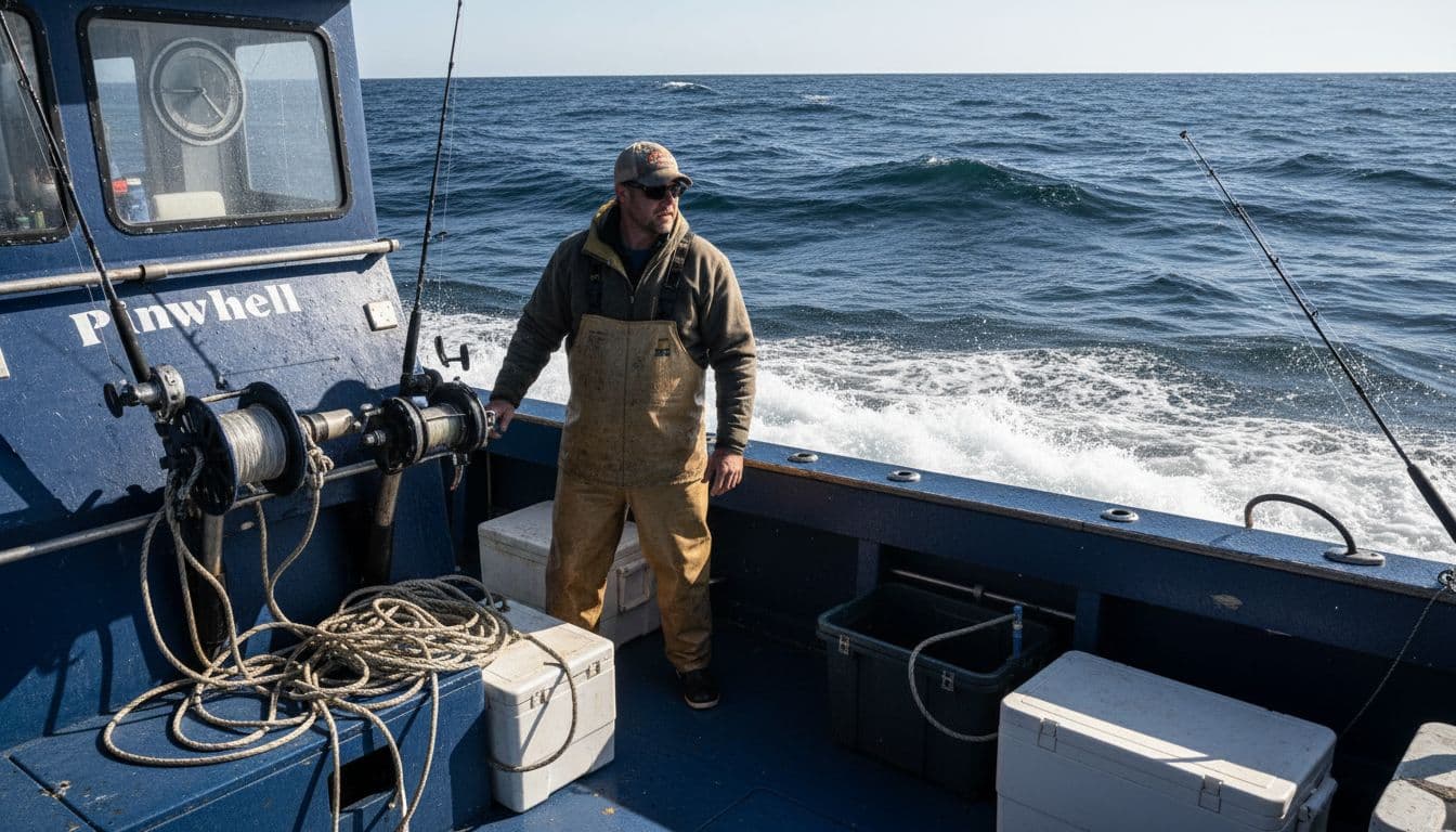 Tyler McLaughlin as Wicked Tuna captain on his bluefin tuna boat Pinwheel at sea during a fishing trip, with ocean waves in background, fishing gear on deck, and determined expression under sunny daylight.