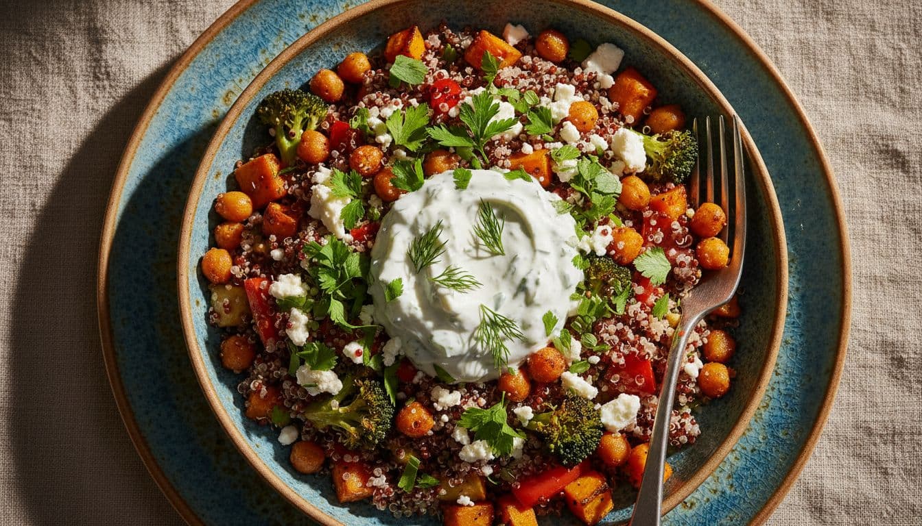 Top-down view of grain bowl with quinoa, chickpeas, roasted veggies, feta, tzatziki dollop, herbs, and fork on colorful plate.