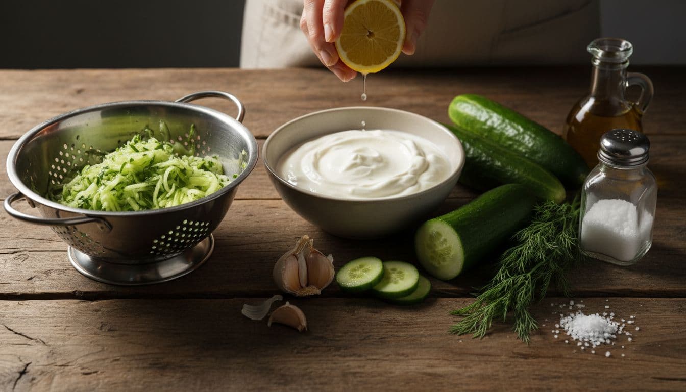 Grated cucumber in colander, Greek yogurt, garlic, dill, lemons, olive oil, and salt on wooden counter with hand holding lemon.