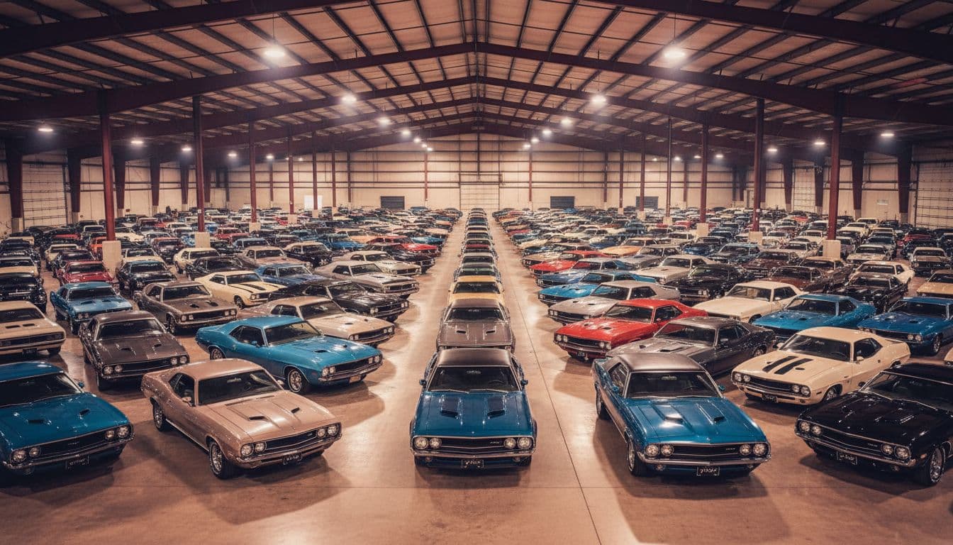 Expansive warehouse interior filled with hundreds of classic muscle cars and collectible vehicles in precise rows, dramatic overhead lighting highlighting glossy details, cinematic earthy red and blue tones.