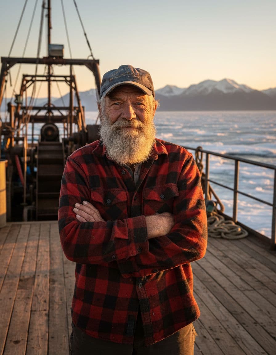 Confident 80-year-old Alaskan gold miner Vernon Adkison with weathered face and gray beard stands arms crossed on the wooden deck of a Bering Sea dredge boat, icy ocean and mountains in golden sunset background.