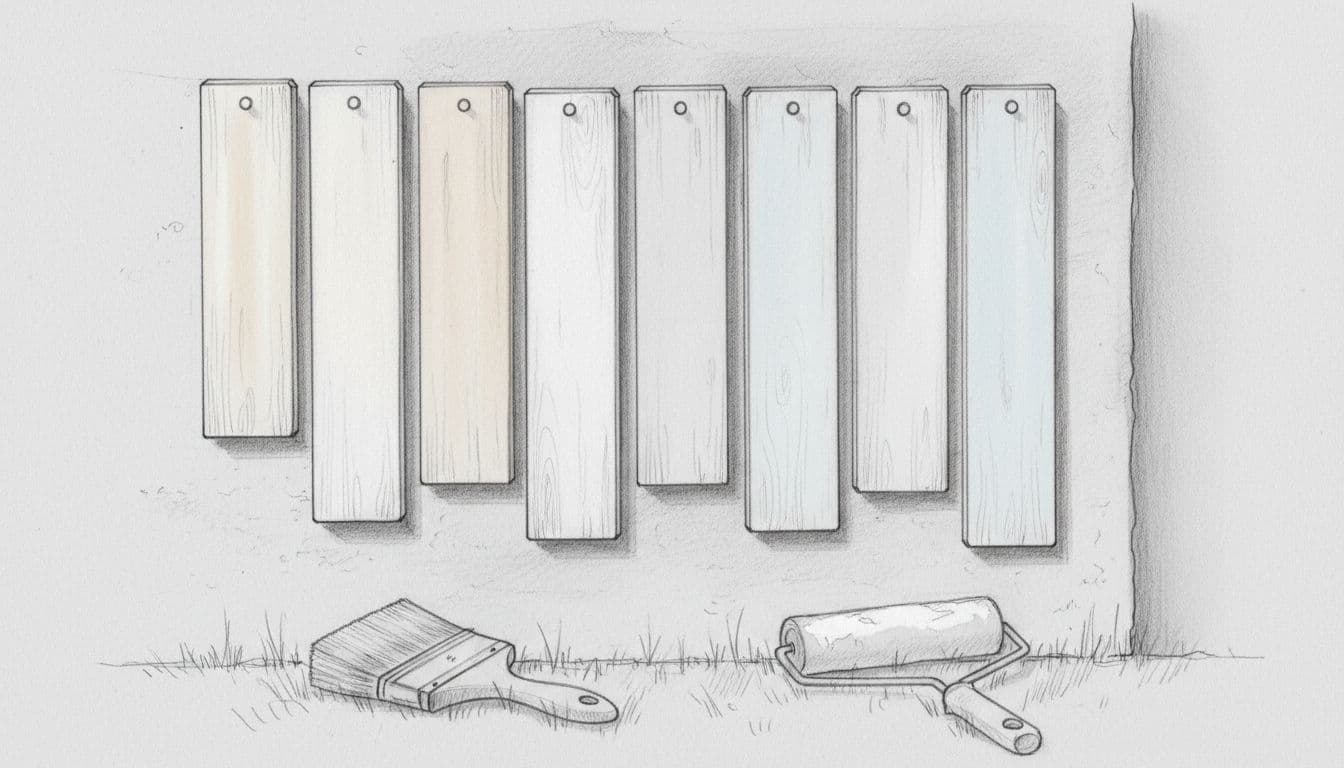 Hand-drawn sketch of vertical wood siding samples painted in various soft white shades, pinned outdoors against a house wall in natural daylight, with paintbrush and roller nearby on grass.