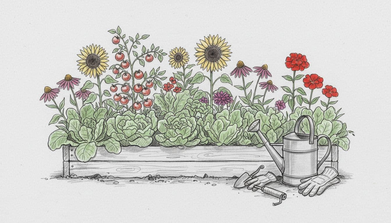 Vibrant home garden bed with vegetables, flowers, watering can nearby, hand-drawn sketch style with graphite linework, light shading, clean light gray paper background. Exactly one garden scene, no people, focused composition, no text.